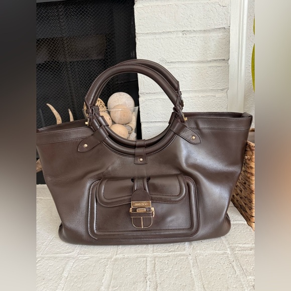 JIMMY CHOO Tahula Dark Brown Leather Gold Hardware Satchel Shoulder Bag Tote - Picture 3 of 16